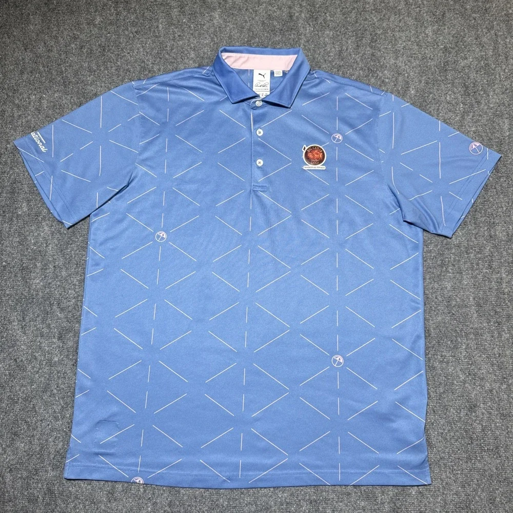Puma x Arnold Palmer Geo Polo Shirt Mens Sz L Blue Golf Big Cedar National Final
